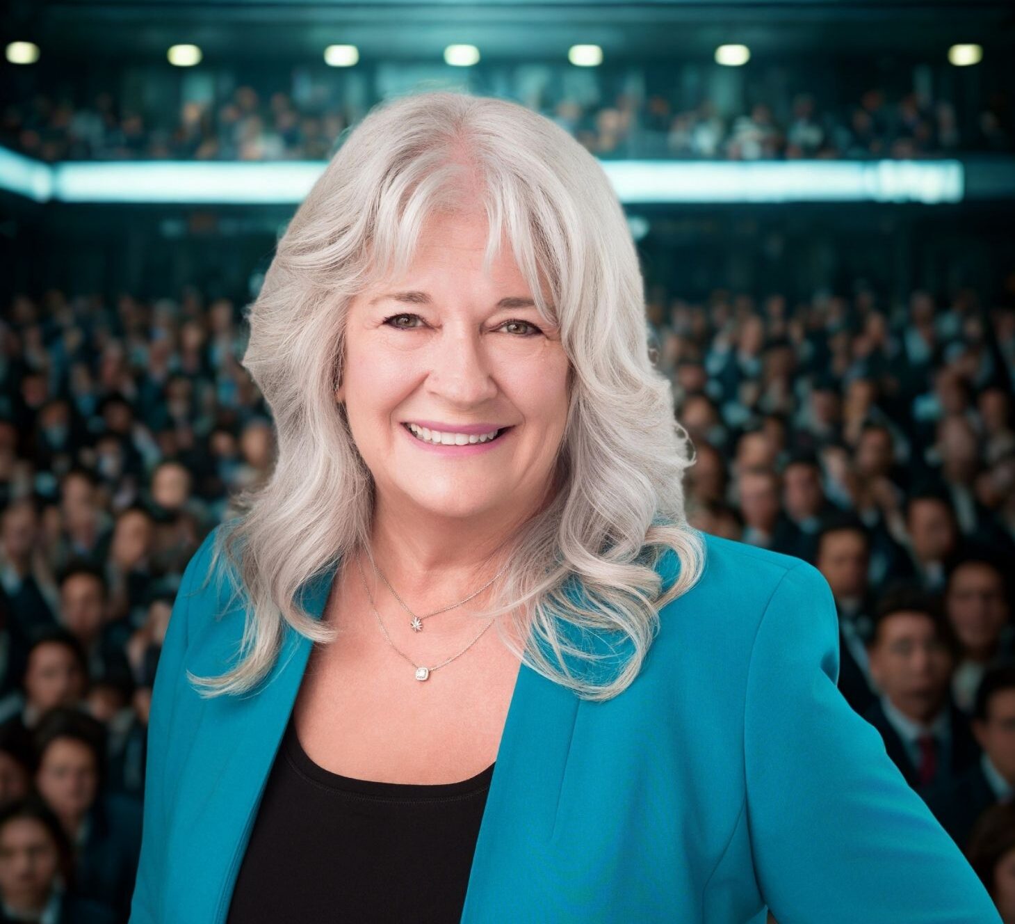 Jennifer Kaufman in a teal blazer in front of a conference audience
