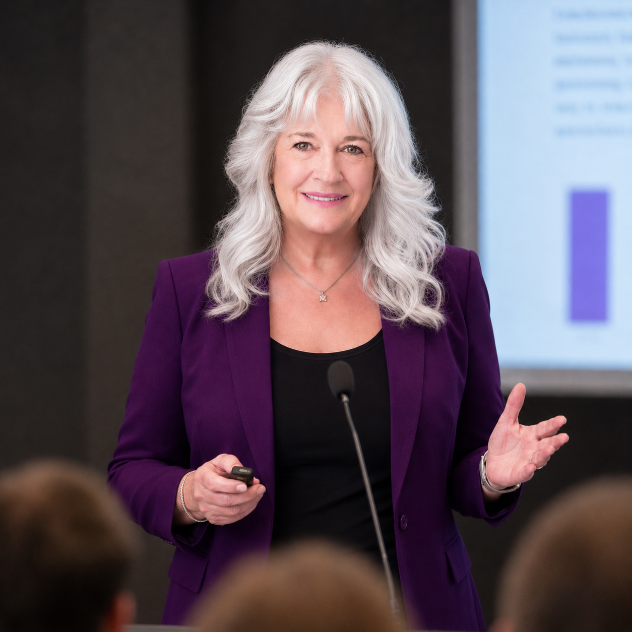 Jennifer Kaufman presenting at a podium to a seated audience